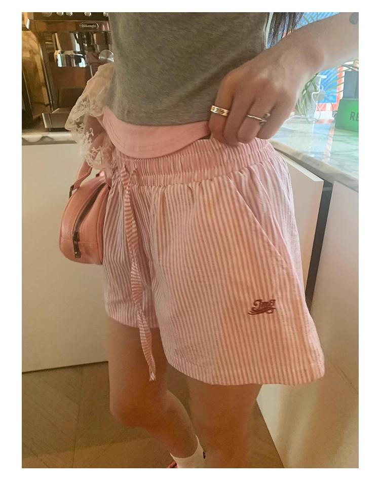 Hong Kong Style Striped Embroidered Drawstring Wide-Leg Shorts for Women - Casual, Versatile, and Lightweight