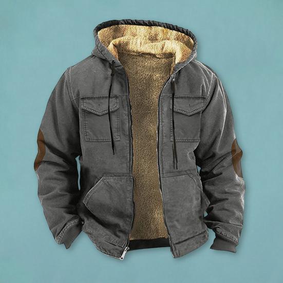 Men Thermal Jacket Hooded Drawstring Long Sleeve Solid Color Jacket with Pockets Zipper Closure Plush Lining Sporty Coat