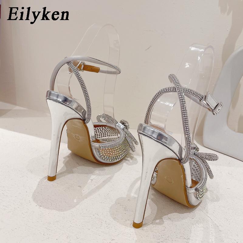 Eilyken Silver Rhinestone Butterfly-knot Women Pump Sandals Summer Autumn PVC Transparent Runway Style Banquet Ladies Shoes