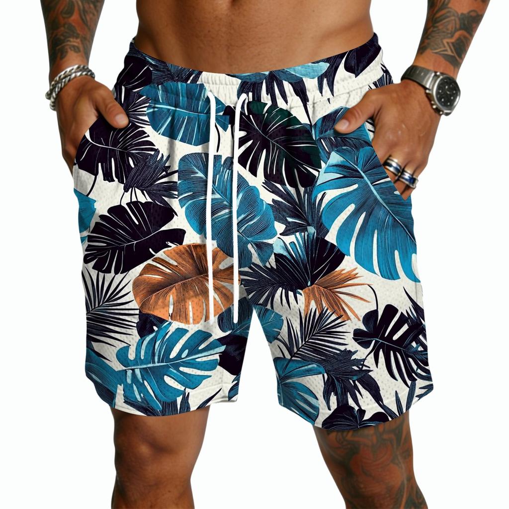 Men's Casual Lightweight Quick Dry Drawstring Shorts with Tropical Leaf Print Five Inch Inseam Beachwear Swim Trunks