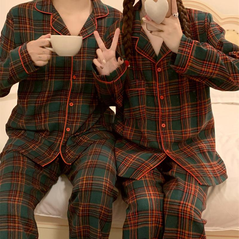 Podzimní/Zimní Korejská Kostkovaná Pár Pyžamová Sada - Dlouhý Rukáv, Dlouhé Kalhoty na Vánoce.