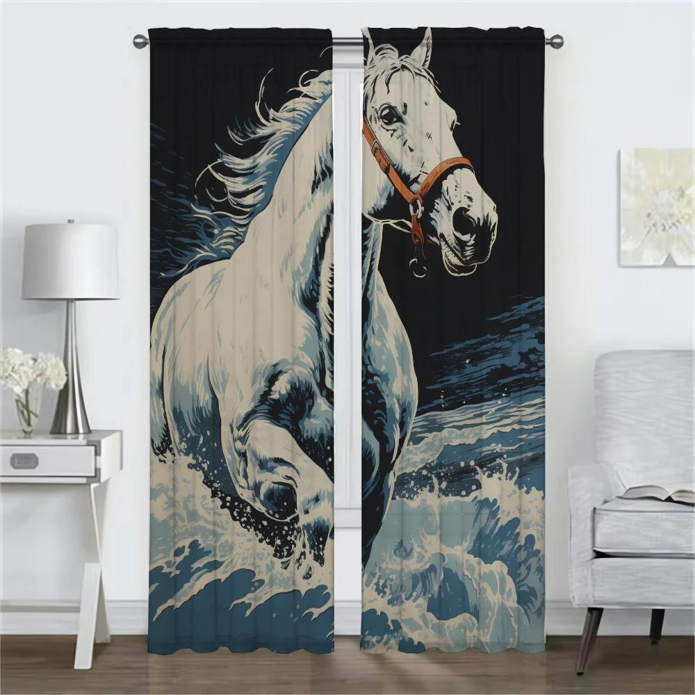 Horse Curtains for Living Room Curtain Partition Halloween Decoration Home Interior Curtains 2 Pieces Tulle for Bedroom Shades