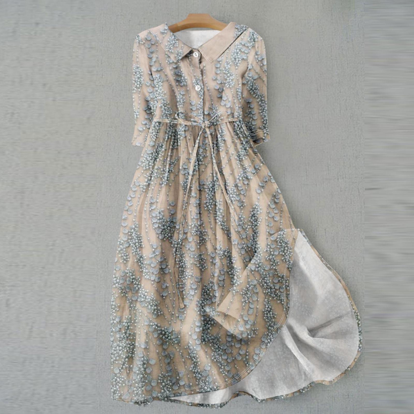 

Women s Fashion Printed Flip Collar Button Up 3/4 Sleeve Strap Dress XL