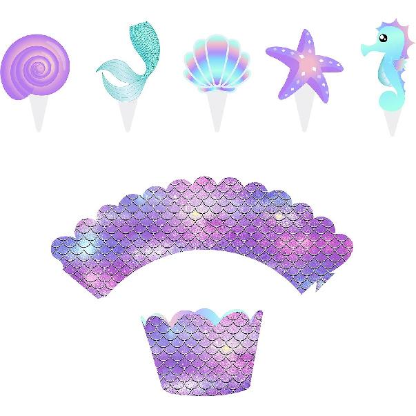 3 Tier Mermaid Cupcake Stand Party Decorations, Mermaid Themed Cupcake Holder Decorations with 20Pcs Mermaid Cupcake Wrappers and Toppers, Cupcake