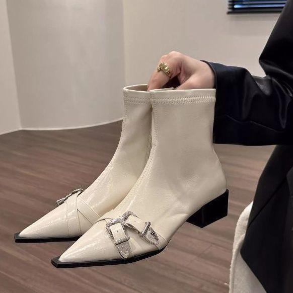 Thick heel pointed temperament thin small short boots women's shoes 2025 new super autumn and winter single boots black Martin boots