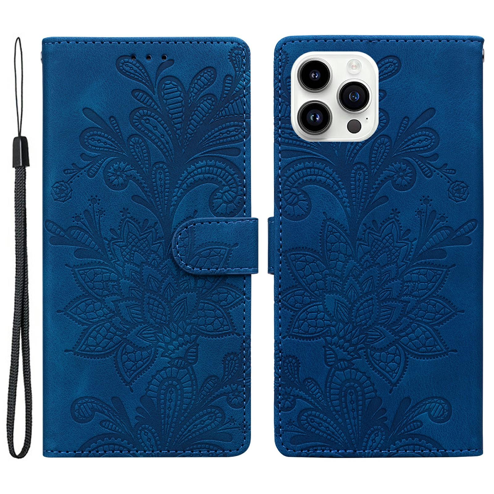 

For iPhone 16 Pro Case Imprinted Lace Flowers PU Leather Wallet Phone Cover Dark Blue