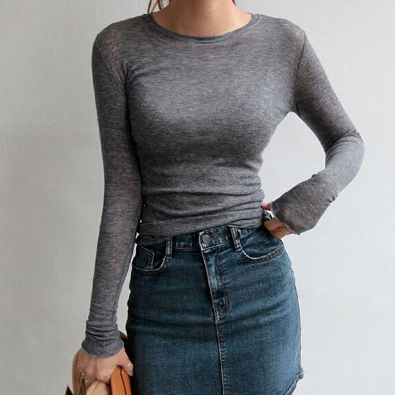 Women's Spring/Summer Fitted Versatile Slimming Round-Neck Long-Sleeve Casual T-Shirt