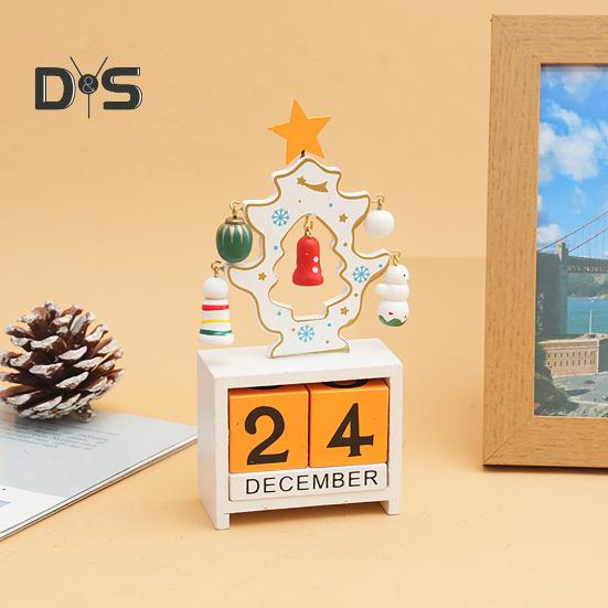 Christmas Wooden Desktop Calendar Santa Snowman Reindeer Tree Perpetual Calendar Wood Display Block Ornament for Home Office Decoration