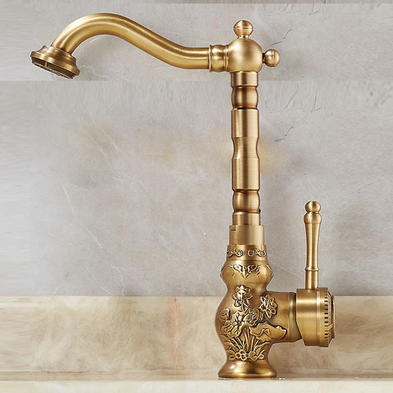 Antique Brass Basin Faucet Single Handle Mixer Tap Carving Design Rotatable Spout for Bathroom Vessel Sink