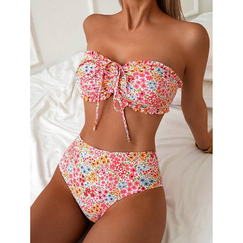 Solid Color 2 Piece Swimsuit Sexy Ruffle Strapless Backless Bikini Set Beach Vacation High Waist Swimwear Bathing Suit