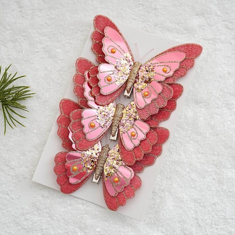 Pack Of 3 Double Layer Butterfly Christmas Tree Clip Accessory Elegant Fabric Ornament For Holiday Decorations