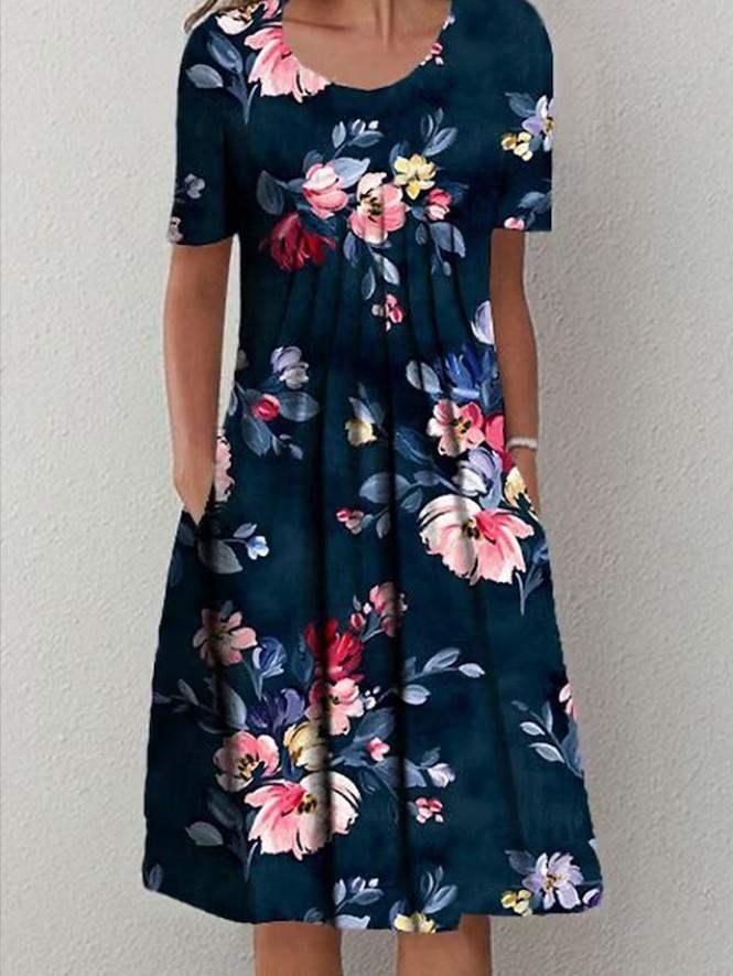 Women Loose Summer Floral Vintage Sexy Ruffles Pocket Dress