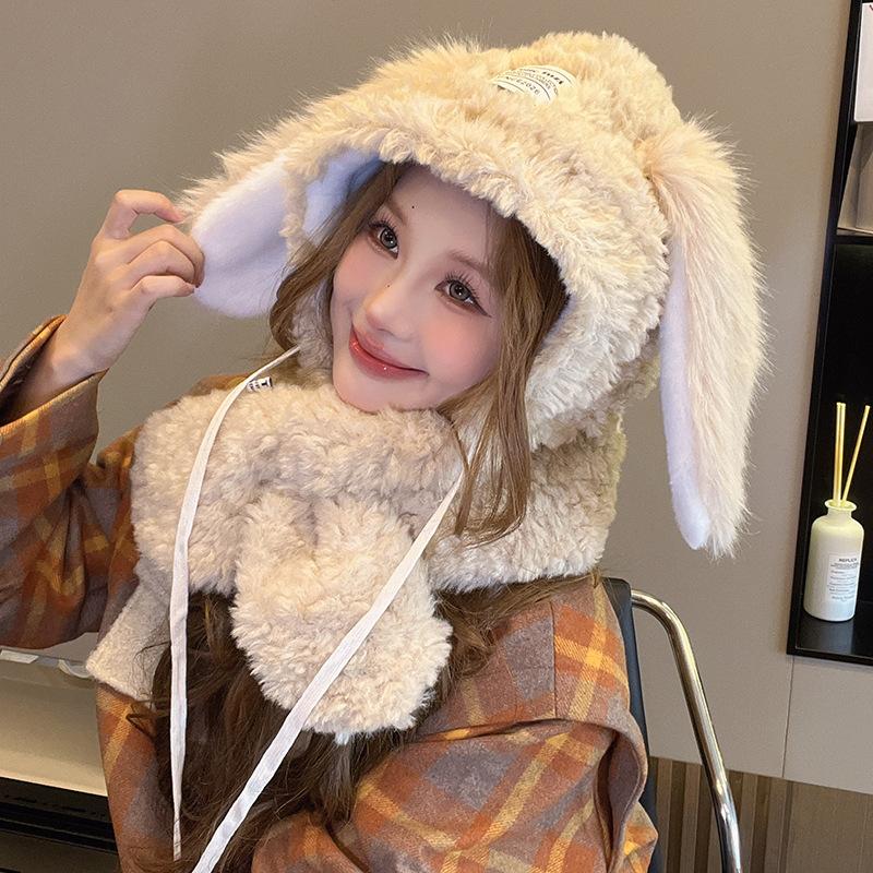 

Милая плюшевая шапка с кроличьими ушками для женщин на осень и зиму. Толстая шапка-пуловер, защита ушей и тепло, шапка-ушанка, шарф-шапка. M（56-58cm）