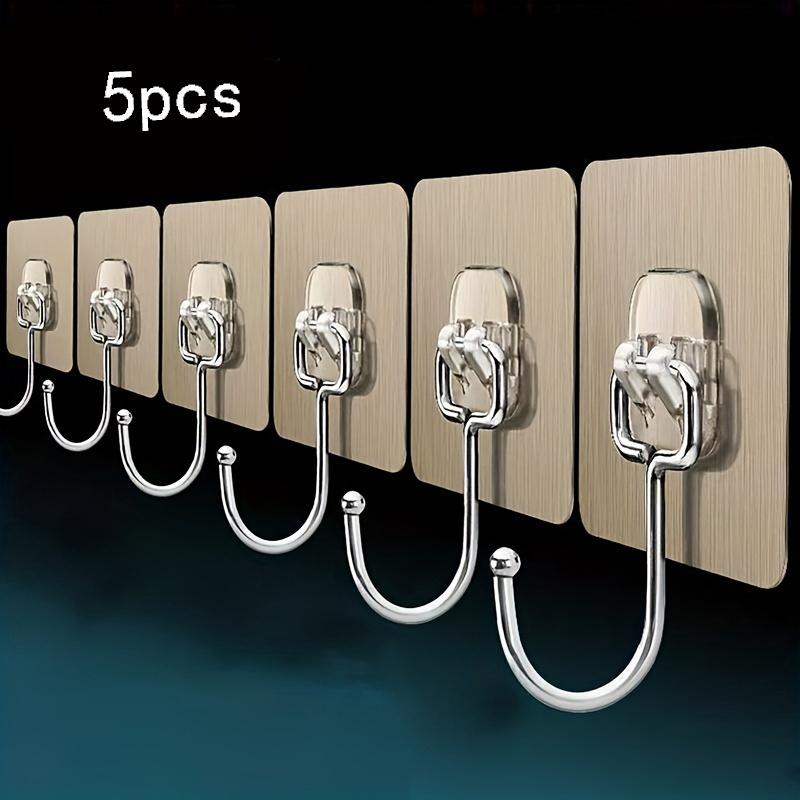5pcs Stainless Steel Adhesive Wall Hooks - Heavy Duty, Transparent & Reusable, Waterproof and Oilproof, No-Drill Installation