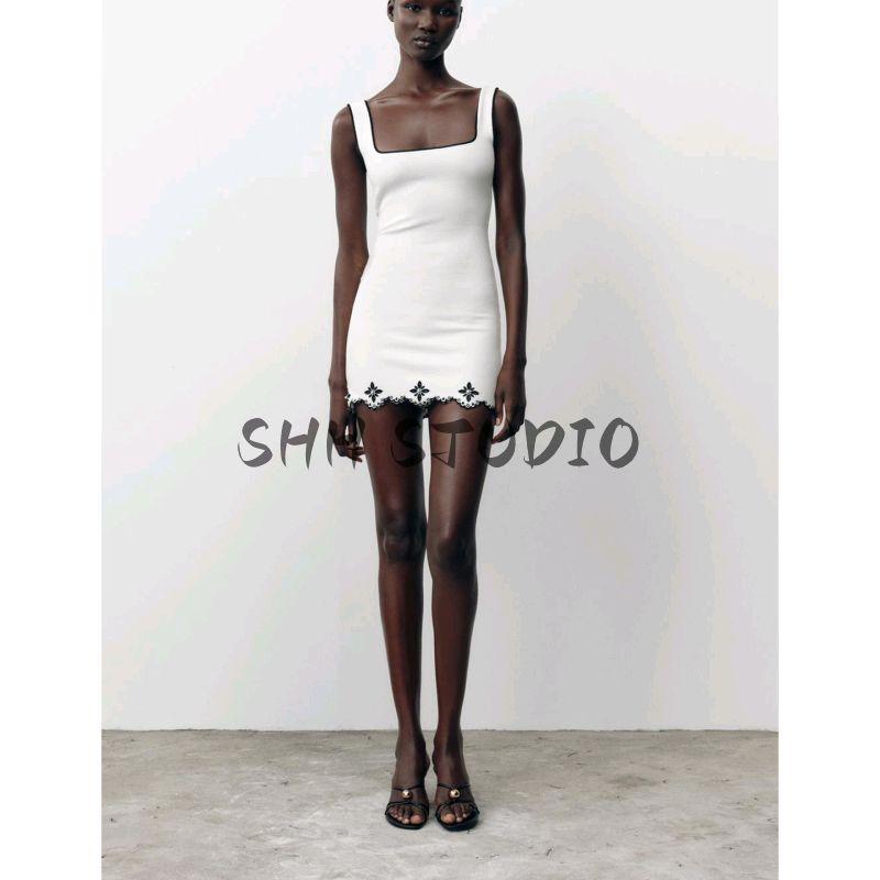 Summer New Product Women's Clothes Square Collar Contrast Color Rolled Artificial Pearl Embroider Short Sleeveless Dress 5584114