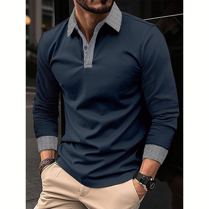 New Men's Long-Sleeved Polo Shirt Spring/Autumn Contrast-Colour Printed Casual Sweatshirt