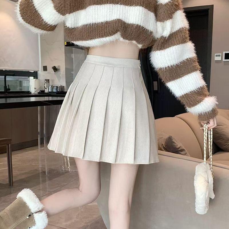 Women High Waist Woolen Pleated Skirt A Line Mini Skirt Anti Chafing Lined JK Skirt Autumn Winter Slim Half Skirt