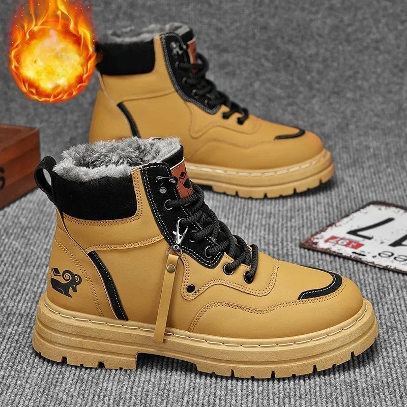 Winter Men'S Boots Warm Plush Outdoor Cotton Shoes Black Waterproof Lace Up Anti Slip Fashion Cold Resistant Men'S Shoes