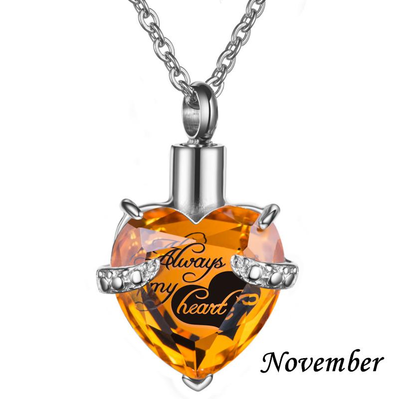 Always In My Heart Stainless Steel Birthstone Heart -Shaped Glass Clavicle Chain Perfume Bottle Keepsake Necklace Jewelry