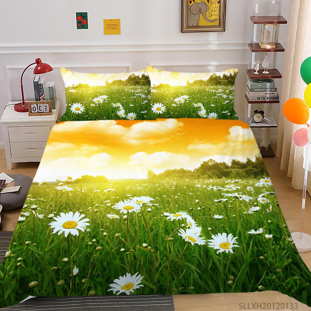 3D Small Daisy Pattern Bedding Single Double Bed Full Size Plant Chrysanthemum Pattern Pillowcase and Quilt Cover 2 or 3 Comfortable Home Decoration