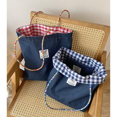 Double-sided Bag, Plaid Denim Canvas Bag, Versatile Commuter Tote Bag, Retro Contrasting Color Handbag Available On Both Sides