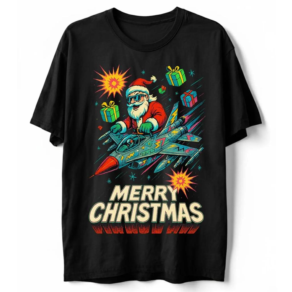 Merry Christmas Santa Fighter Jet Military Retro Aviation Holiday T Shirt S 5xl Vintage Washed Designer Clothes Comfortable