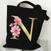 26 Golden Alphabet Floral Tote Bags for Women Large Capacity Canvas Casual New Flower Alphabet Printed Female Reusable Handbag
