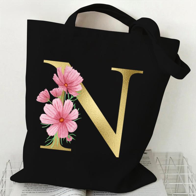 26 Golden Alphabet Floral Tote Bags for Women Large Capacity Canvas Casual New Flower Alphabet Printed Female Reusable Handbag