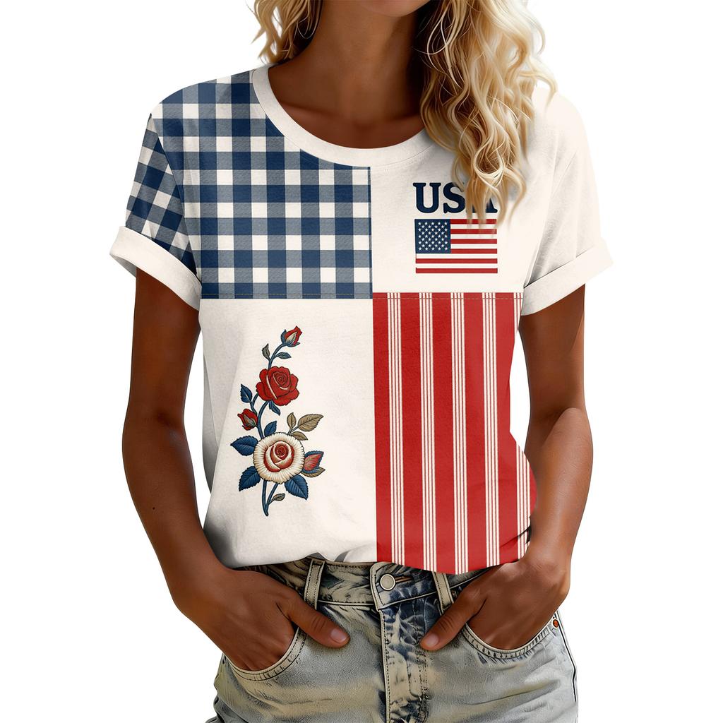 Women's American Floral Patchwork Print Casual T-Shirt 250Th Anniversary USA Shirt Patriotic Tshirt