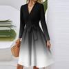 Women's Fashion Casual V-Neck Long Sleeve Waist Gradient Printed Midi Dress