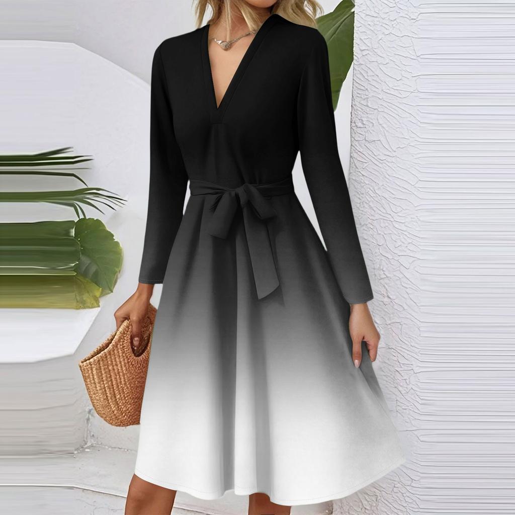 Women's Fashion Casual V-Neck Long Sleeve Waist Gradient Printed Midi Dress