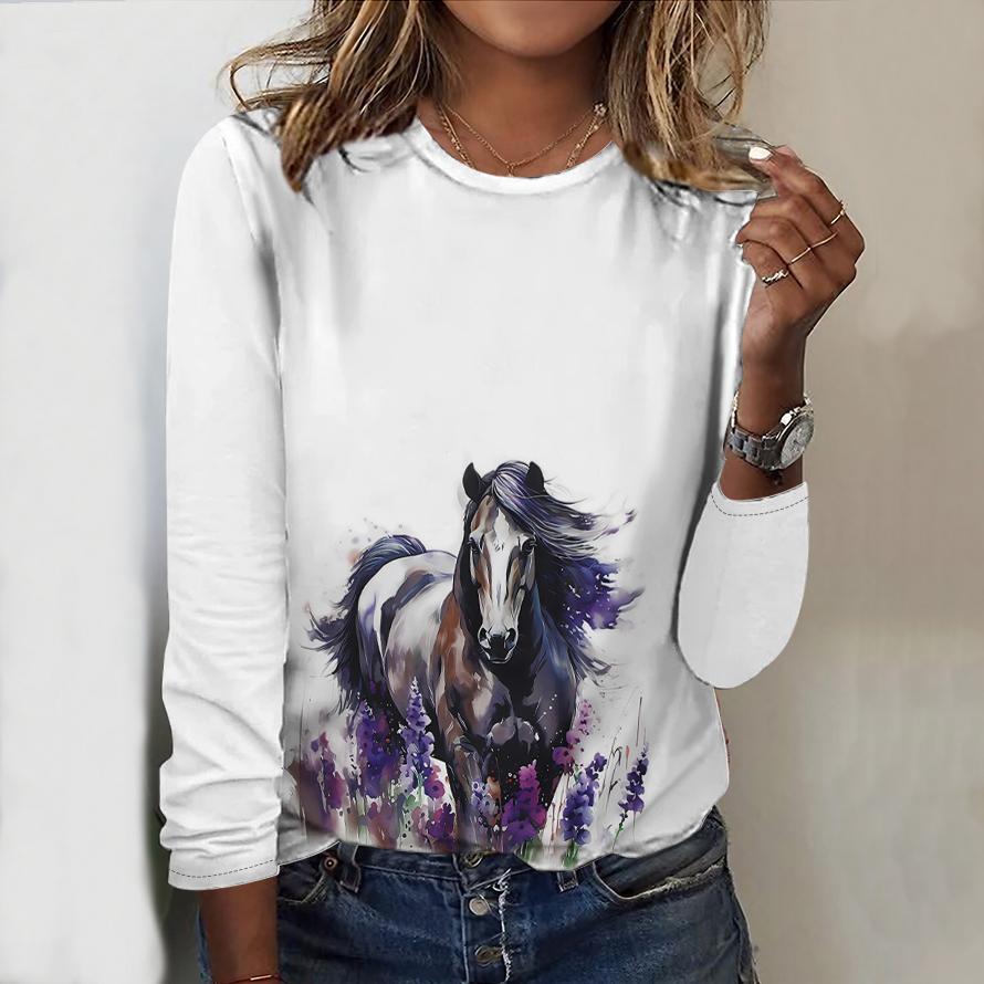 Tops For Women Oil Painting Horse Print Round Neck Long Sleeve T-shirt Fall Casual Slim Pullover Women's Long Sleeve Top