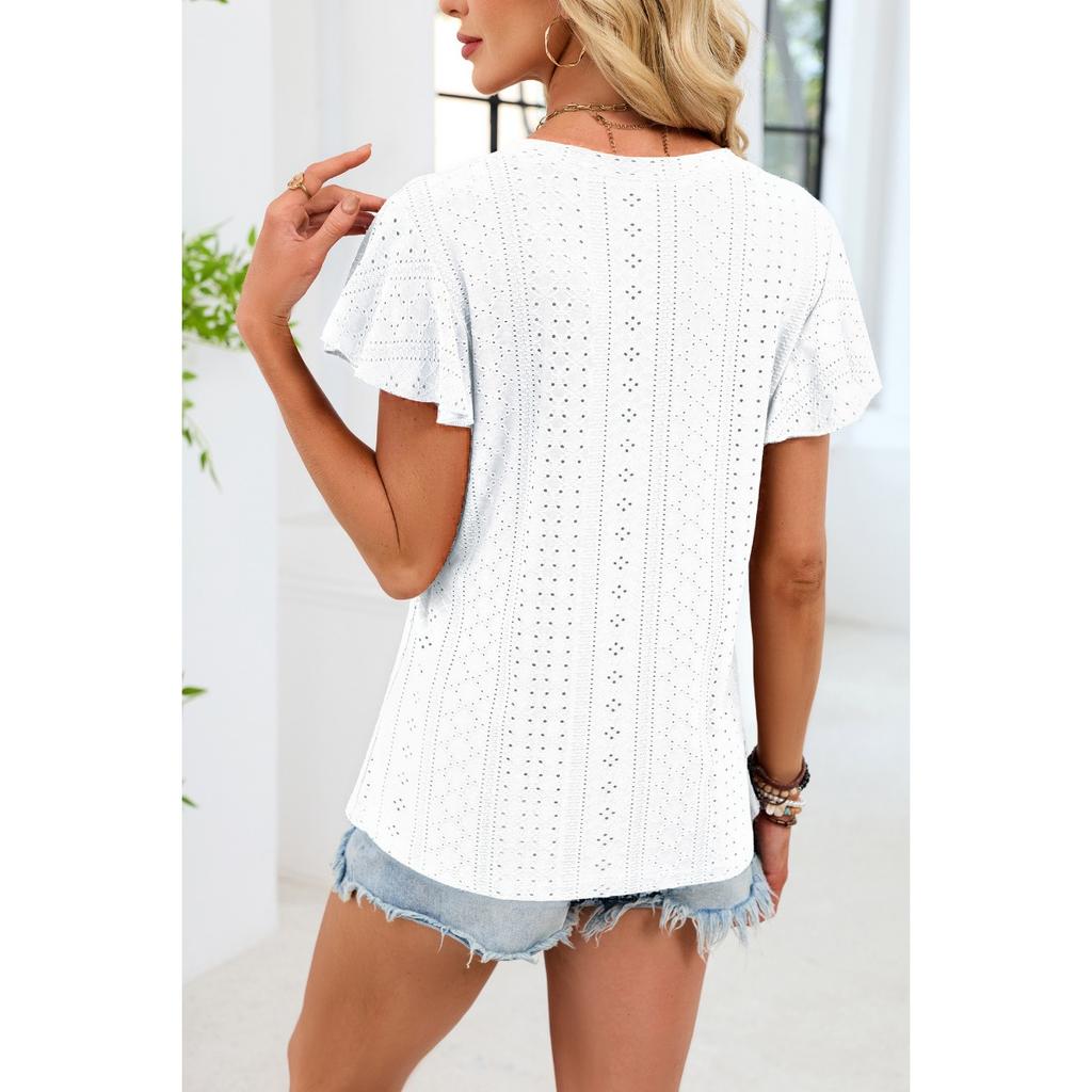 Summer Women's Solid Color V-neck Loose Short Sleeve T-shirt Double Layer Sleeve Casual Top for Europe USA Cross-border