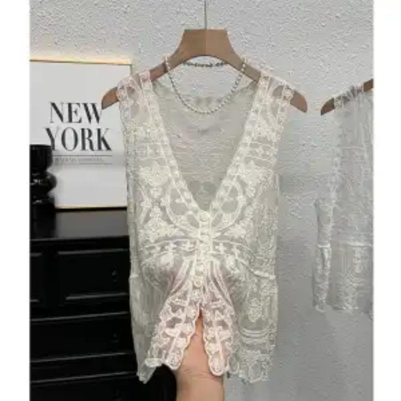 Summer Women V Neck Lace Sleeveless Vest Button Front Crochet Top