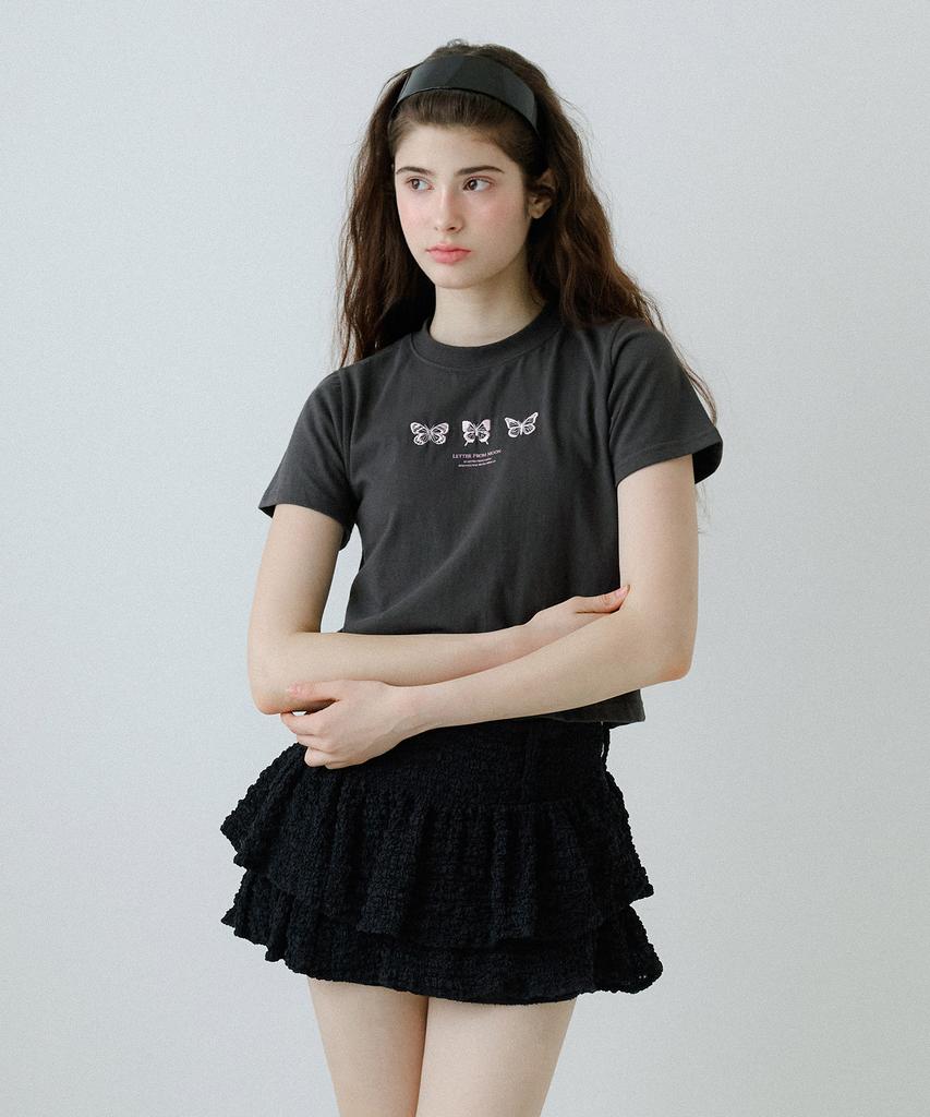 LETTER FROM MOON Triple Butterfly Embroidery Short Sleeve T-Shirt (Charcoal)