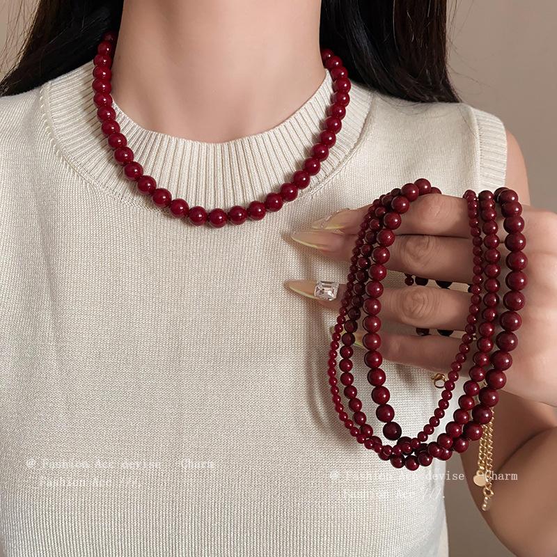 Rött Rund Glaspärla Halsband Retro Nyckelbenskedja Accessoarer för Kvinnor