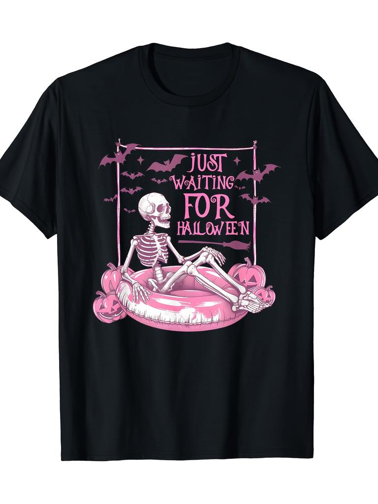 Skeleton Relaxing in Pink Inner Tube Just Waiting For Halloween Graphic Tee Casual TShirt