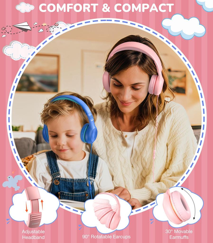 KONNAO Upgrade USB Type C Kids Headphones with Wired Headphones for Boys and Volume Limit Adjustable Microphone, Girls, 85dB/94dB (Pink)