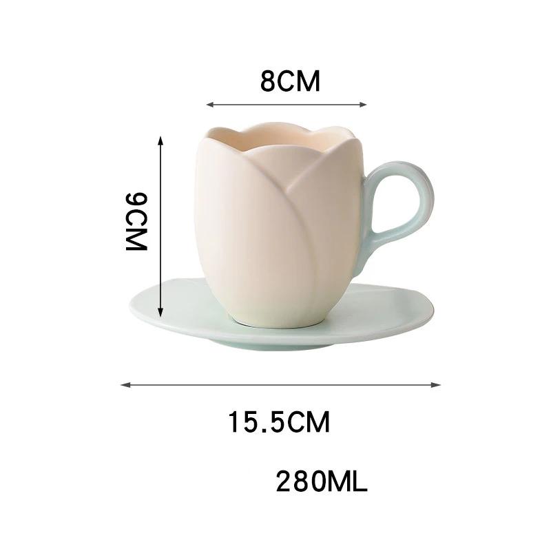280/300ml Retro Instagram Style Tulip Coffee Cup Set Floral Emblem Ceramic Cup And Saucer for Elegant Afternoon Tea