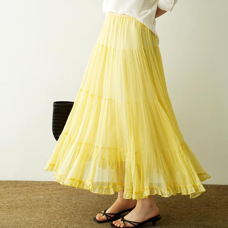 DIMANAF 2026 Summer Women New Skirts Solid Elastic Waist Pleated Mesh Elegant Skirts Yellow