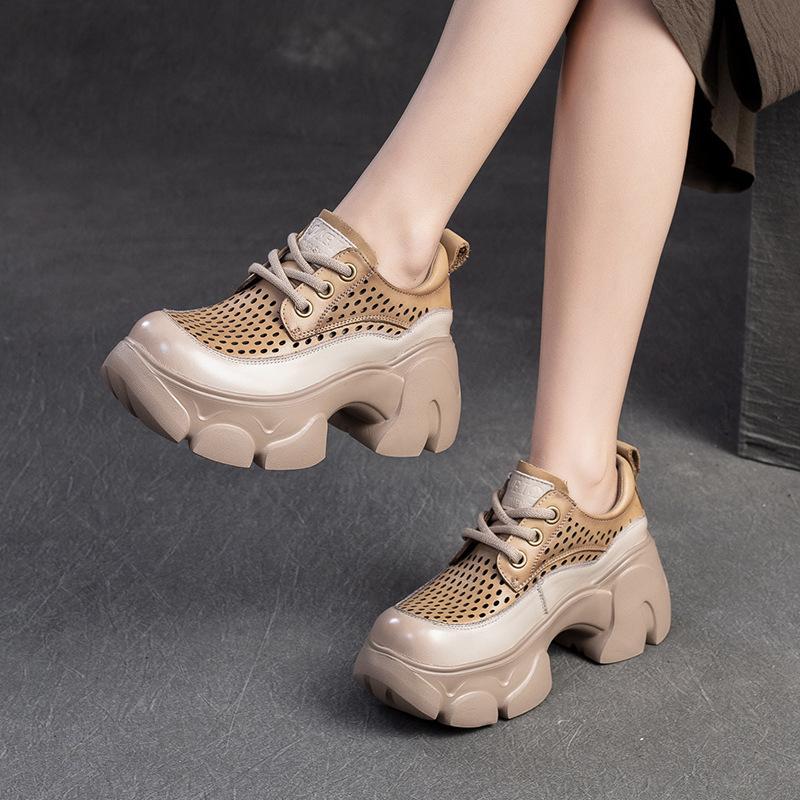 Fashion 7CM Women Chunky Platform Shoes Summer Hollow Out Breathable Genuine Cow Leather Round Toe Thick High Heel Casual Shoes