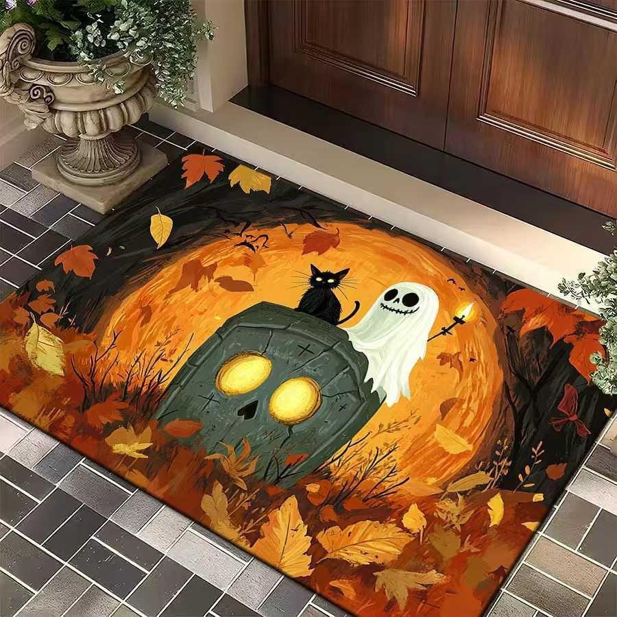 Halloween Themed Door Mat With Cute Ghost Black Cat Pumpkin Patterns Non Slip Washable Entrance Rug For Home Decor Indoor