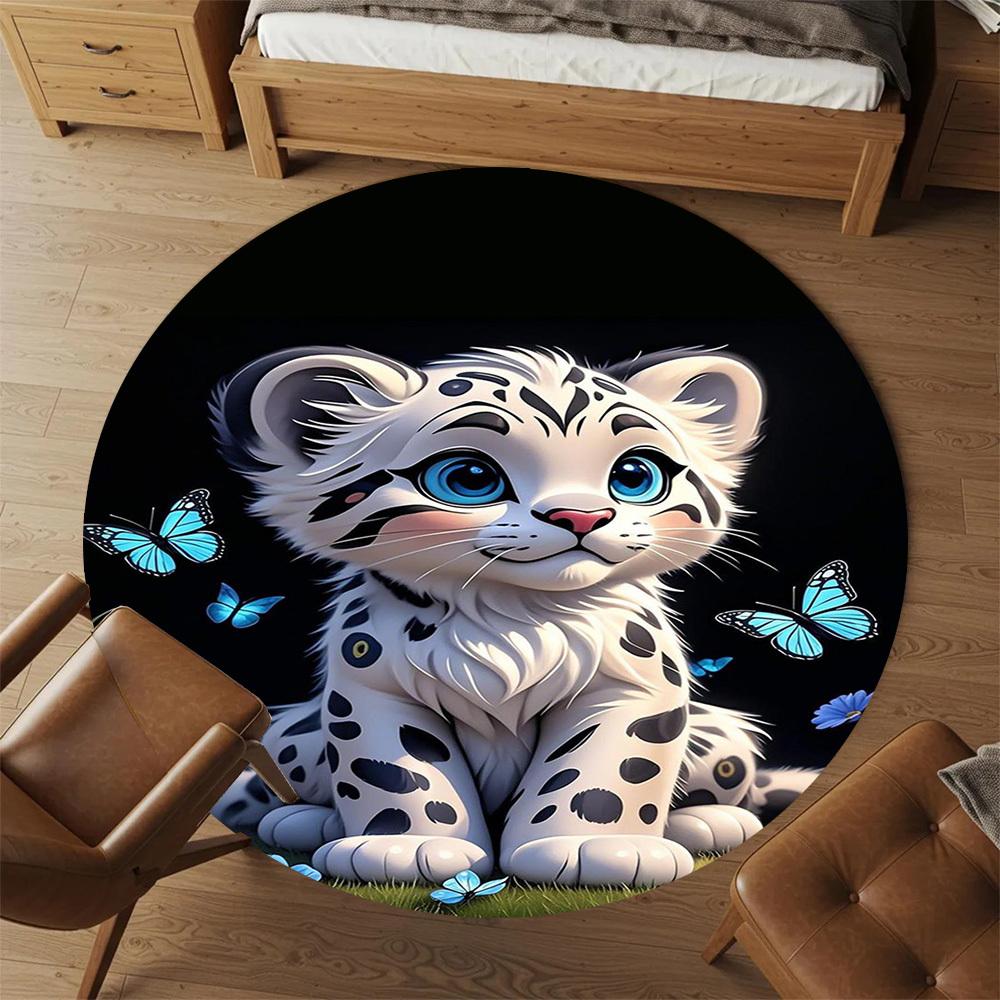 1PC Snow Leopard Round Chair Mat Area Rug - Non-Slip, Floor Mat for Office, Bedroom, Home Decor Christmas Gift C0528085