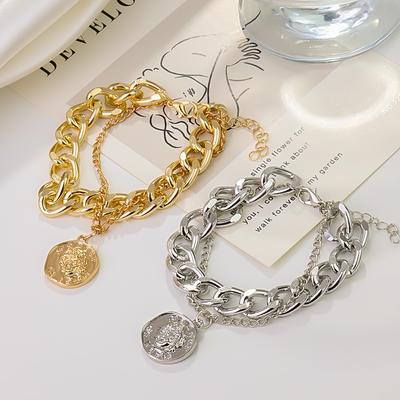 Temperament Thick Chain Double Stacked Relief Portrait Round Brand Pendant Bracelet Bracelet Jewelry Women