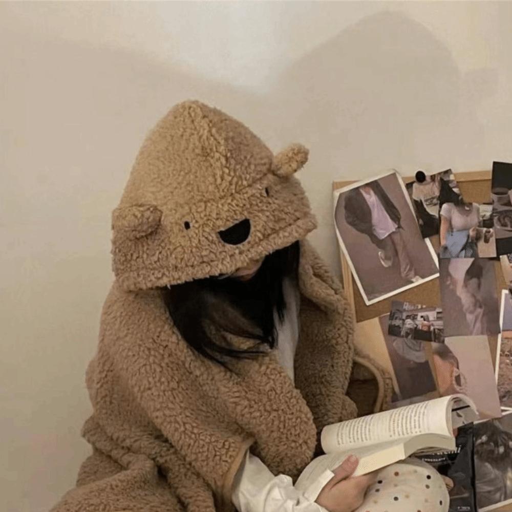 Kawaii Bear Hooded Blanket Fleece Material Blanket Shawl Ins Style Wearable Blanket Living Room