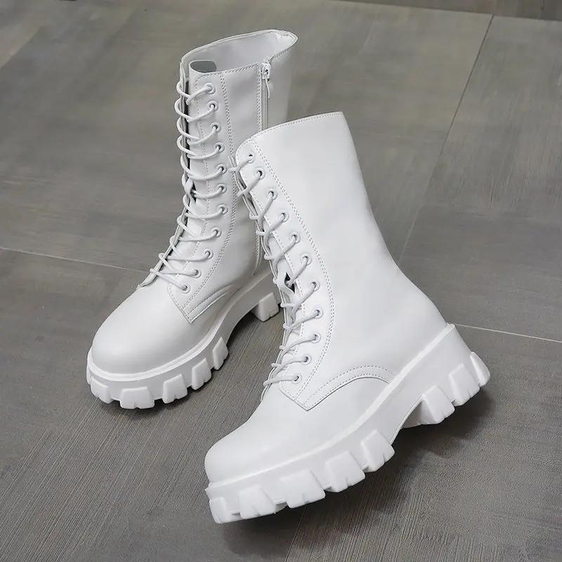 2024 Winter Shoes Women White Boots Autumn Fashion PU Leather Platform Gothic Boots Punk Combat Mid-Calf Boots For Women Booties