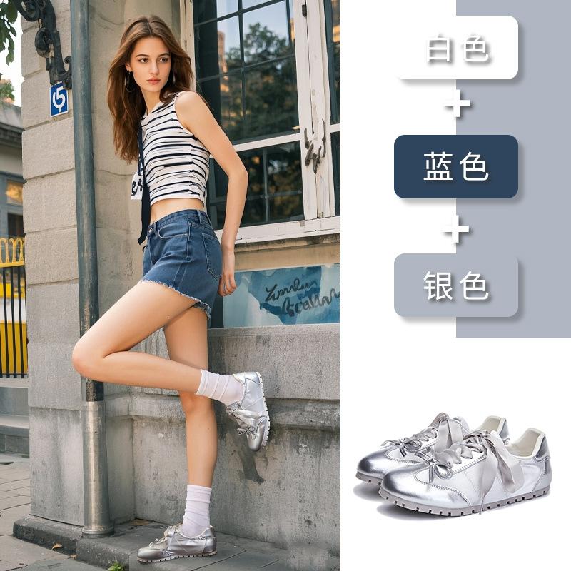 Leather German Training Shoes 2025 Summer New Flat-bottomed Sports Bow Ballet Women's Shoes Casual Versatile White Shoes Women