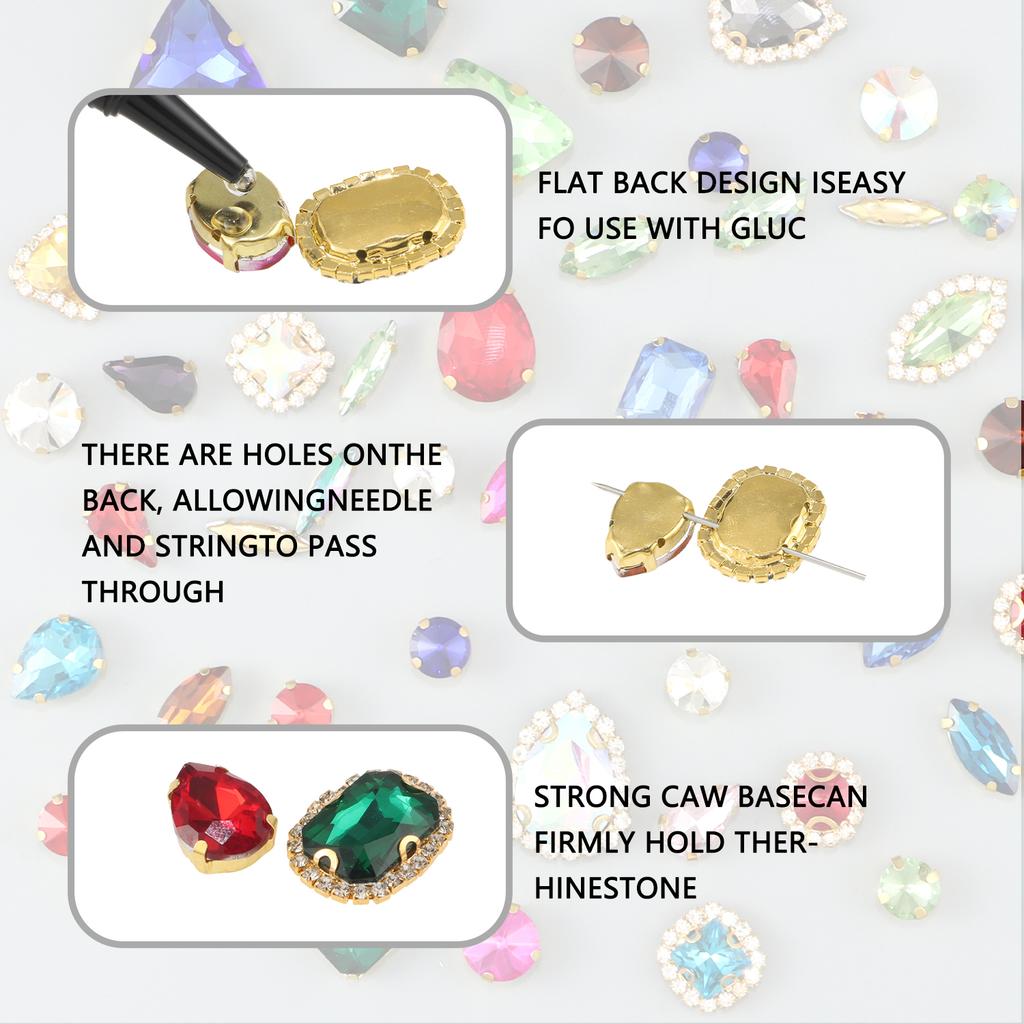 Sew On Rhinestones, Choupee 50PCS Sew On Glass Rhinestone Metal Back Prong Setting Sewing Claw Rhinestone Mixed Shapes