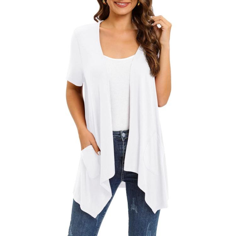 2023 Fashion Women Short Sleeve Cardigan Solid Color European American Style