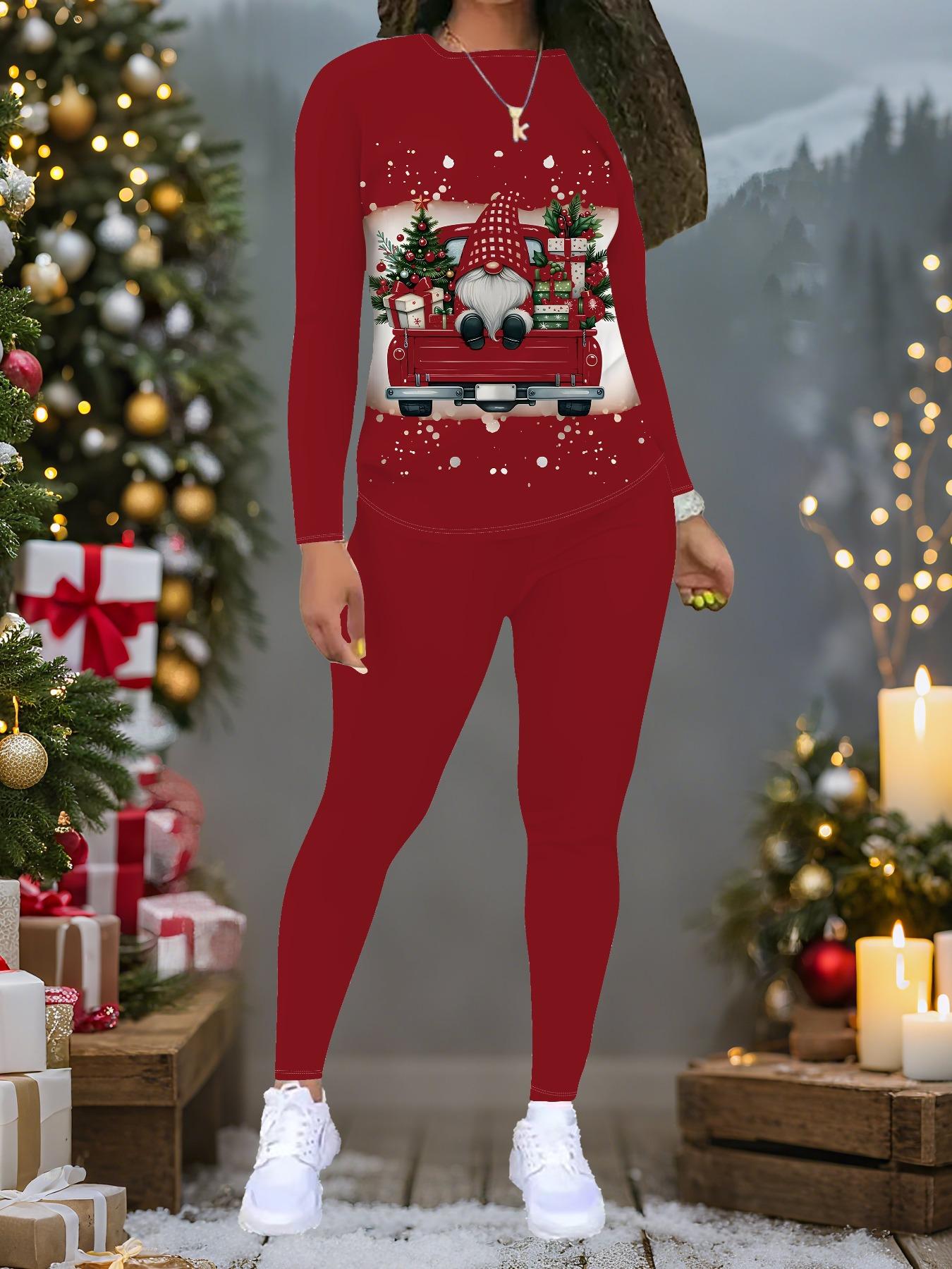 

Жіночий різдвяний костюм-двійка з принтом: Топ з довгим рукавом та круглим вирізом і штани, святковий лімітований повсякденний костюм для вечірки в подарунок M червоний